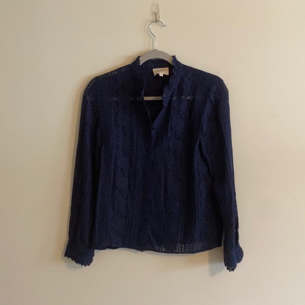 Sézane Navy Lace Button Down Shirt, Size 36